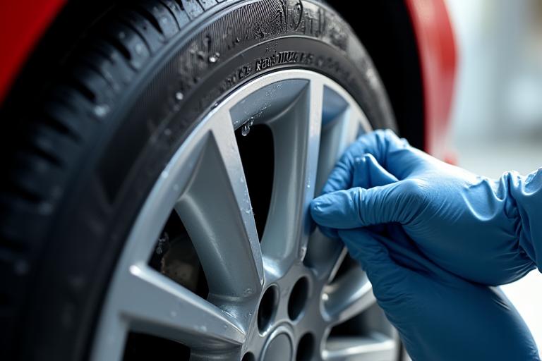 Close-up of a sparkling clean tire and wheel with professional tire shining